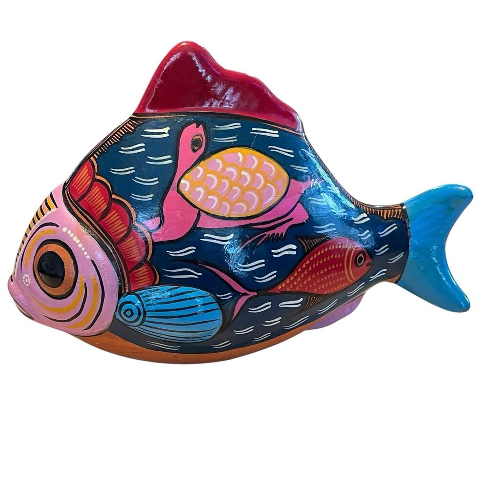 Clay Fish Amate Style Cirilo Pascual Handpainted Folk Art Mexico Rustic Turtle